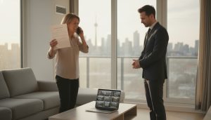 Frustrated homeowner discussing contract with real estate agent in a living room