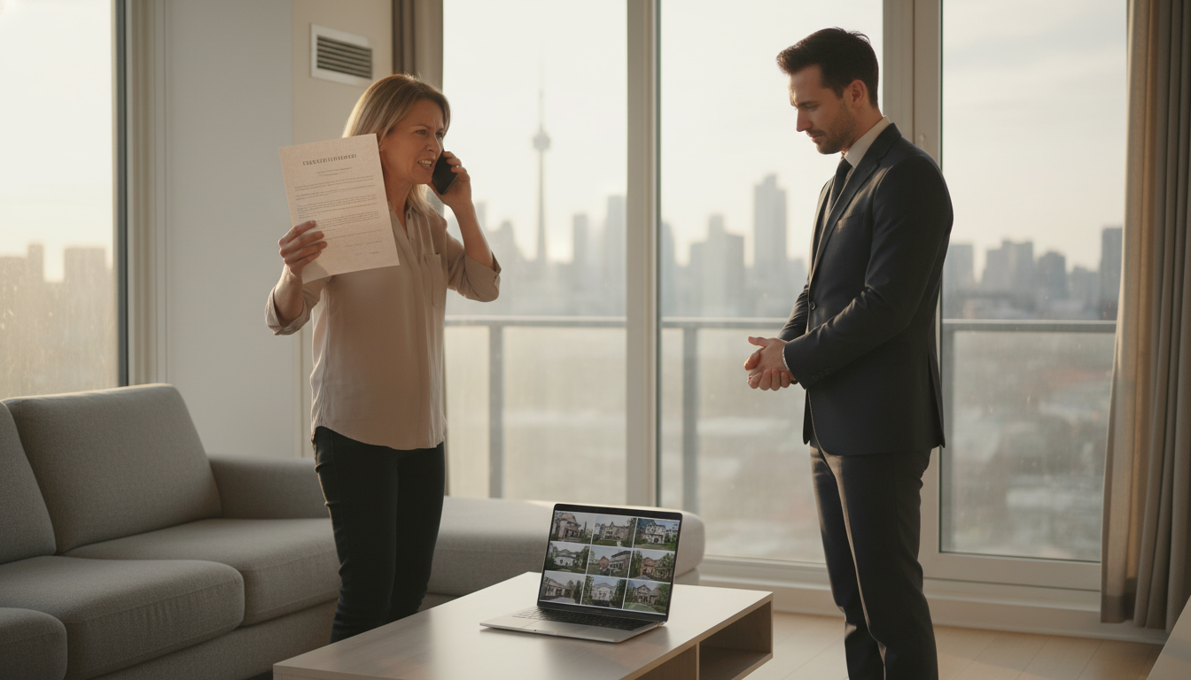 Frustrated homeowner discussing contract with real estate agent in a living room