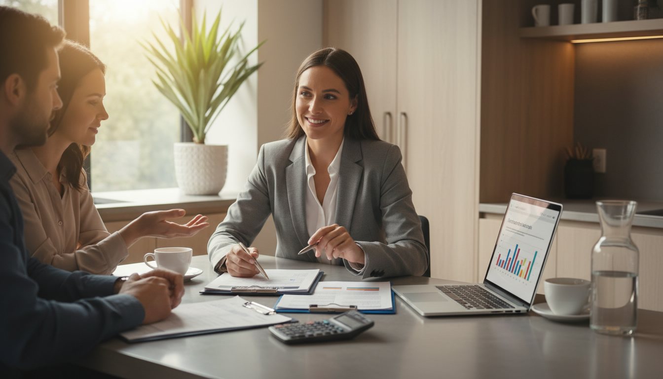 Realtor reviewing home inspection report and contractor estimates at a kitchen table to negotiate price for renovations