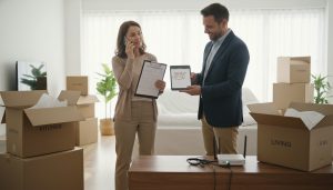 Homeowner with checklist and modem during moving day, realtor assisting with scheduling utilities.