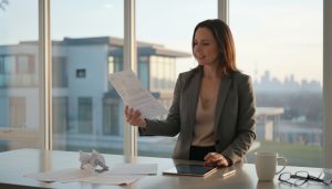 Real estate agent reviewing multiple signed offer documents on a kitchen counter with house visible in the background.