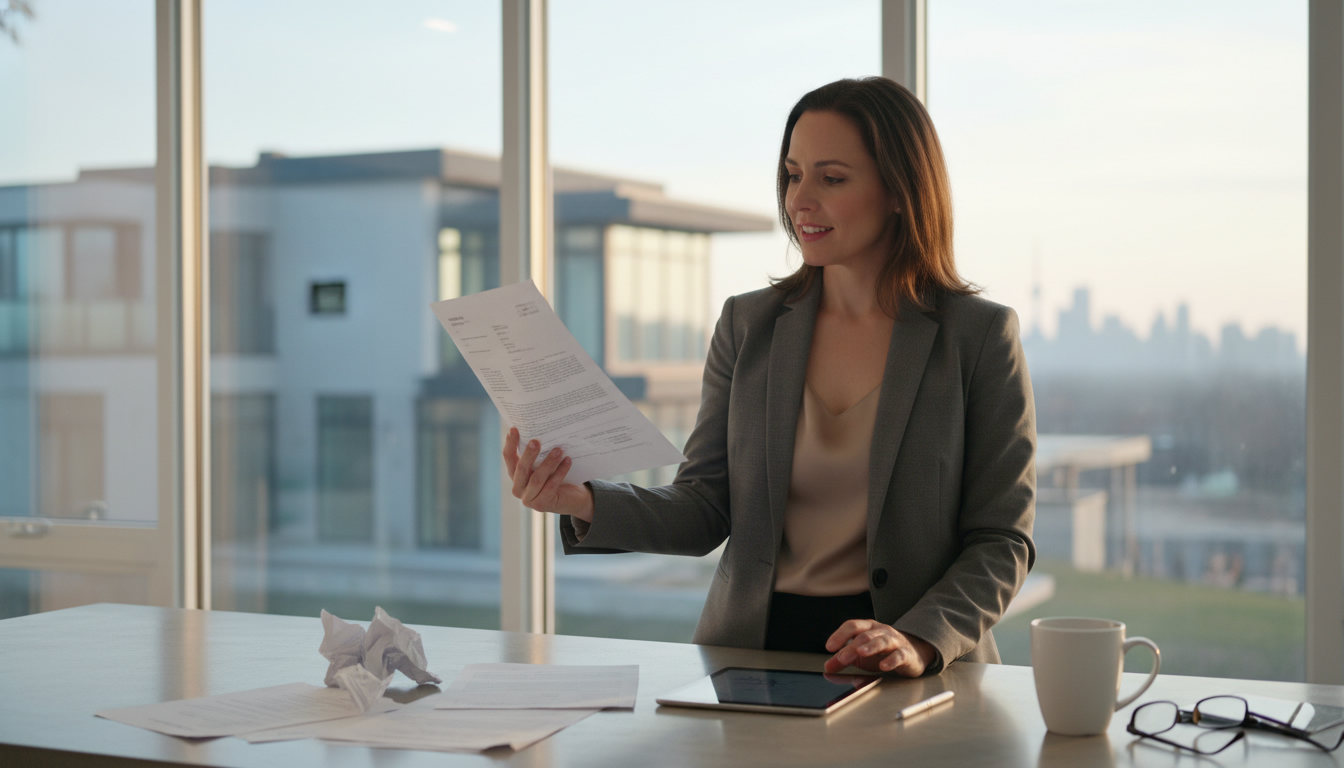 Real estate agent reviewing multiple signed offer documents on a kitchen counter with house visible in the background.