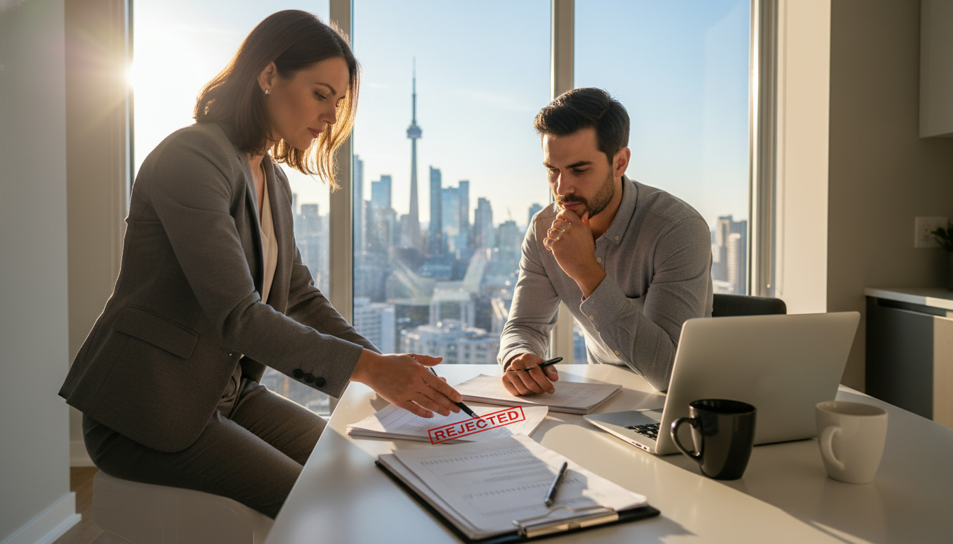 Realtor and buyer reviewing a rejected offer contract at a kitchen table with Toronto skyline in window.