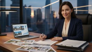 Real estate agent reviewing multiple house offers and contracts on a desk with laptop