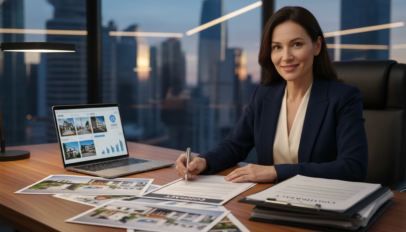 Real estate agent reviewing multiple house offers and contracts on a desk with laptop