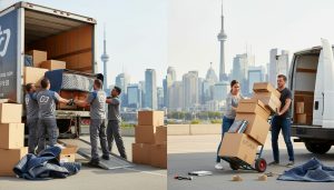 Professional movers loading truck contrasted with people doing a DIY move, Toronto skyline in background