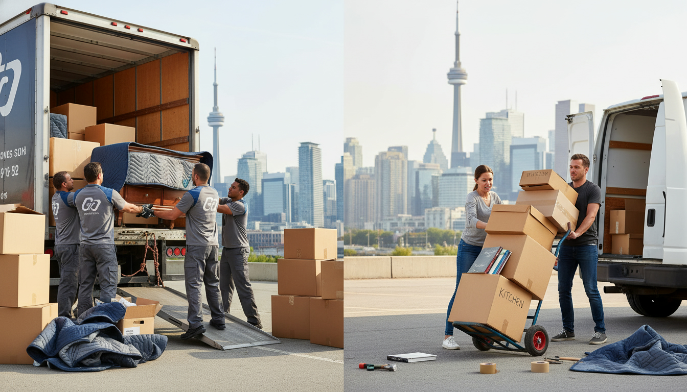 Professional movers loading truck contrasted with people doing a DIY move, Toronto skyline in background