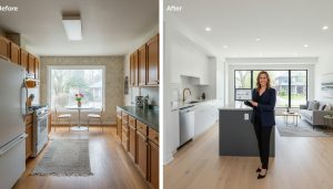 Before-and-after renovated home interior with realtor holding market data tablet