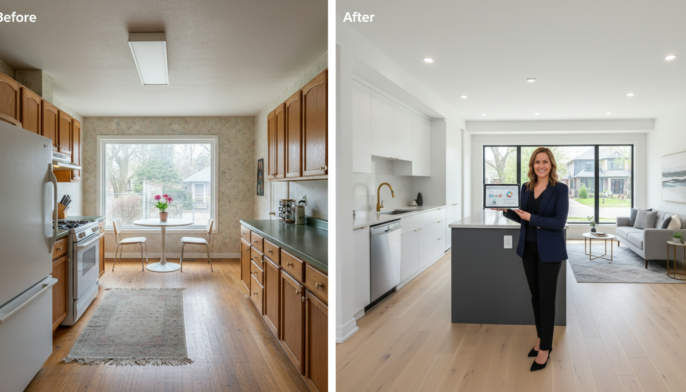 Before-and-after renovated home interior with realtor holding market data tablet