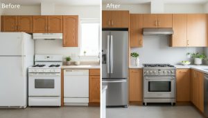 Modern kitchen showing stainless steel appliances after upgrade with a before-and-after split