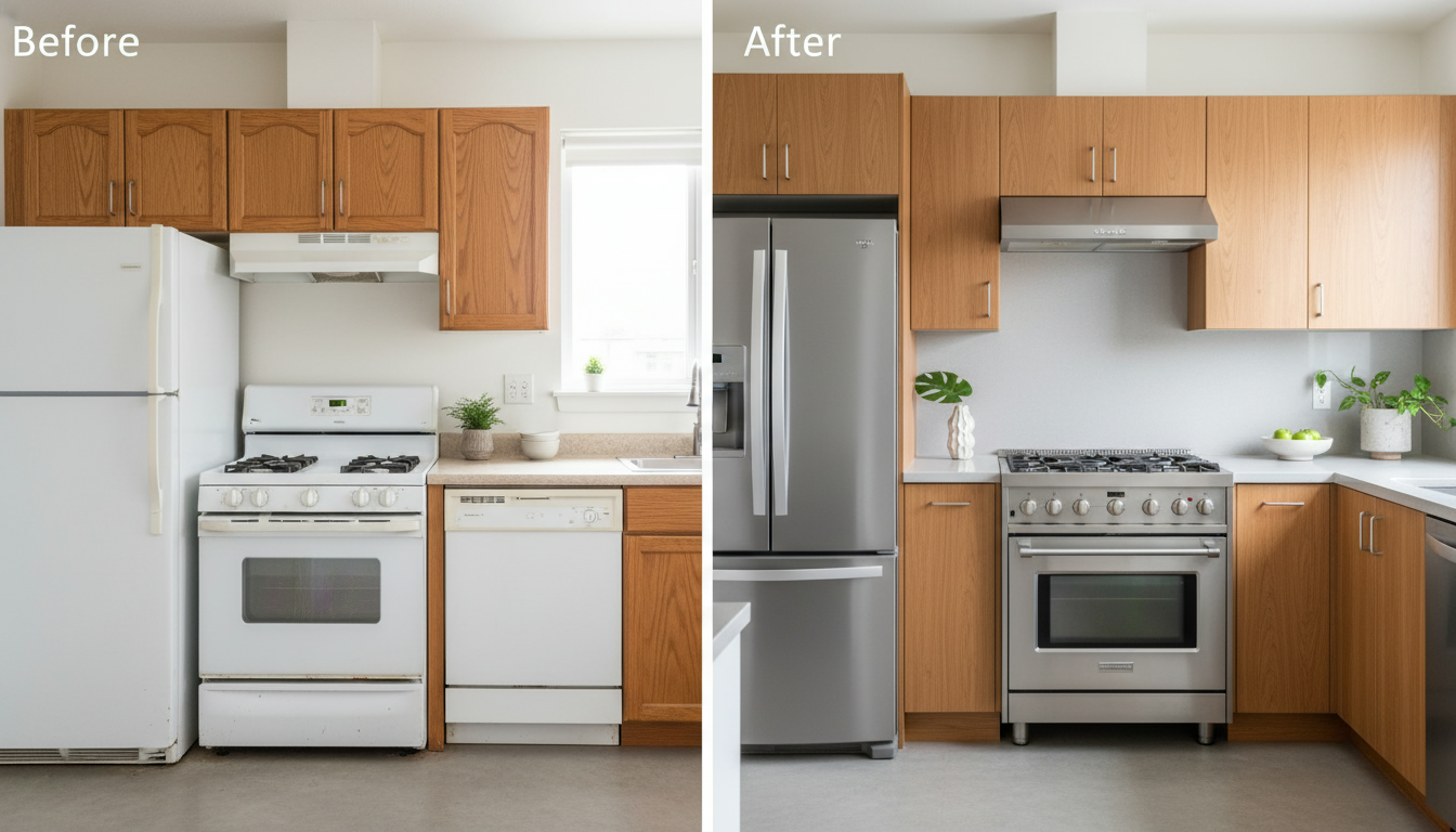 Modern kitchen showing stainless steel appliances after upgrade with a before-and-after split