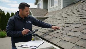 Home inspector examining roof with tablet and appraisal report on clipboard
