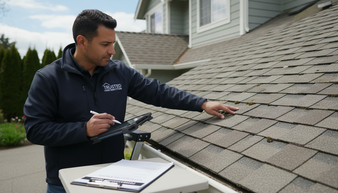 Home inspector examining roof with tablet and appraisal report on clipboard