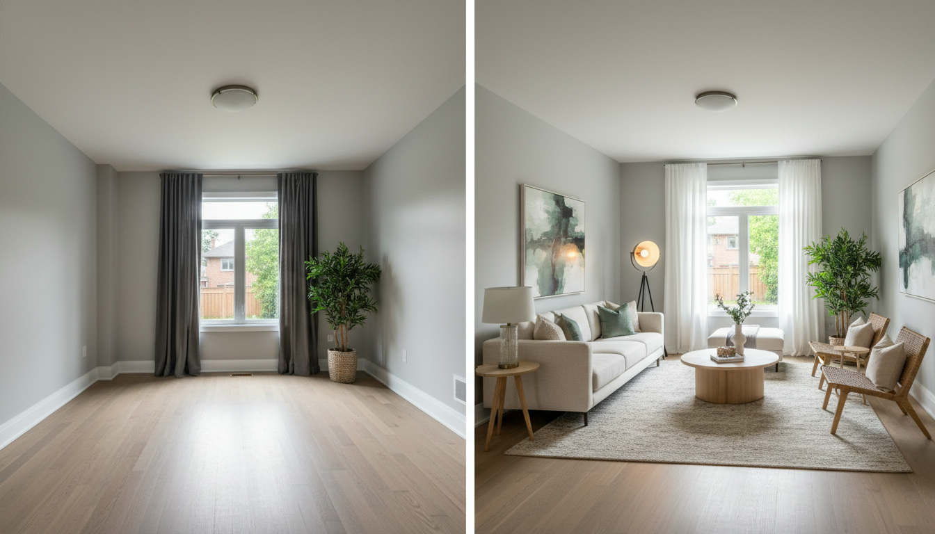 Before and after home staging: empty room transformed into a warm, professionally staged living room.