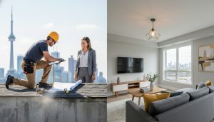Split-screen: contractor inspecting roof and foundation on left; staged modern living room with fresh paint and lighting on right.