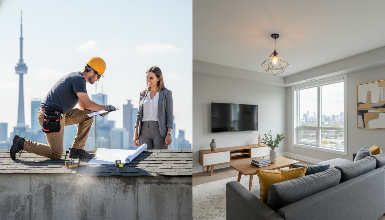 Split-screen: contractor inspecting roof and foundation on left; staged modern living room with fresh paint and lighting on right.
