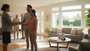 Staged open house interior with agent greeting visitors and printed feature sheets on table.