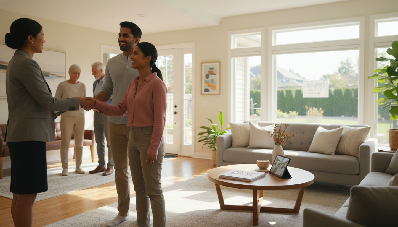 Staged open house interior with agent greeting visitors and printed feature sheets on table.