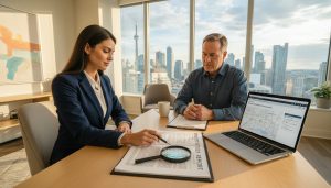 Realtor reviewing property title documents with homeowner, title report and laptop visible, Toronto skyline in background