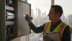 Home inspector examining electrical panel with flashlight and clipboard in a modern house