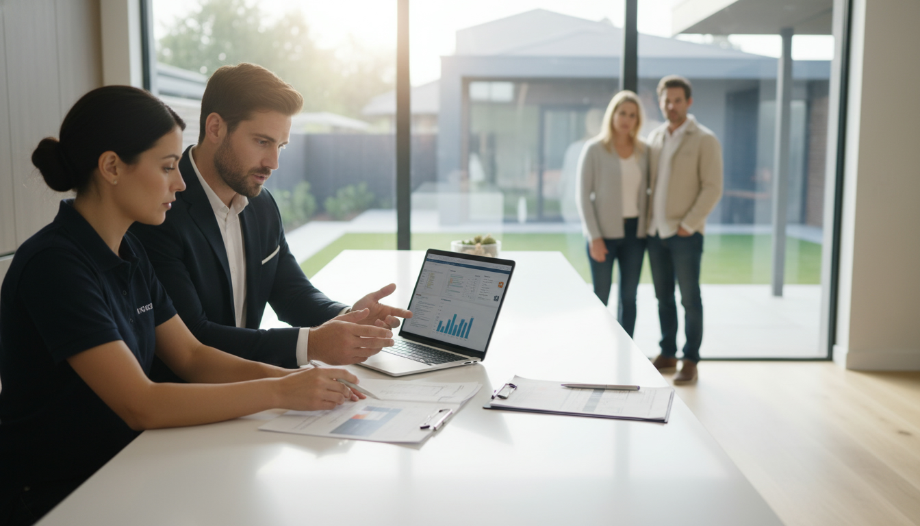 Real estate agent and home inspector reviewing inspection report with homeowners in a modern house