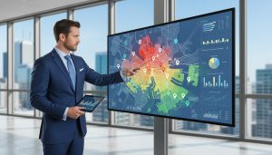 Realtor pointing to a digital city crime heatmap on a screen