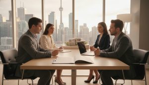 Real estate negotiation at a table with agents and clients signing a contract next to a house model