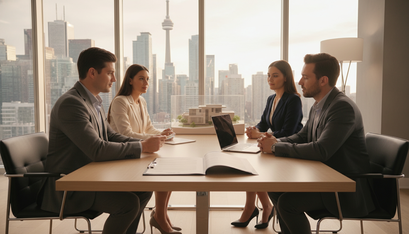 Real estate negotiation at a table with agents and clients signing a contract next to a house model