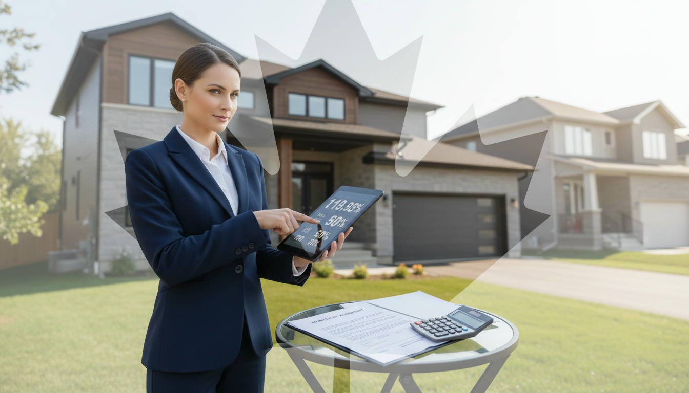 Ontario home and mortgage paperwork with calculator and realtor pointing at tablet showing refinancing numbers.