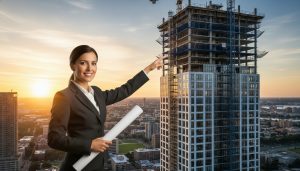 Real estate agent with blueprints in front of a modern high-rise under construction