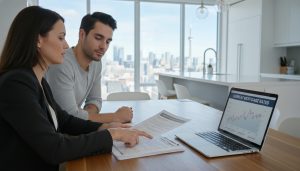 Real estate agent advising couple on switching lenders after mortgage pre-approval with documents and laptop showing rates.