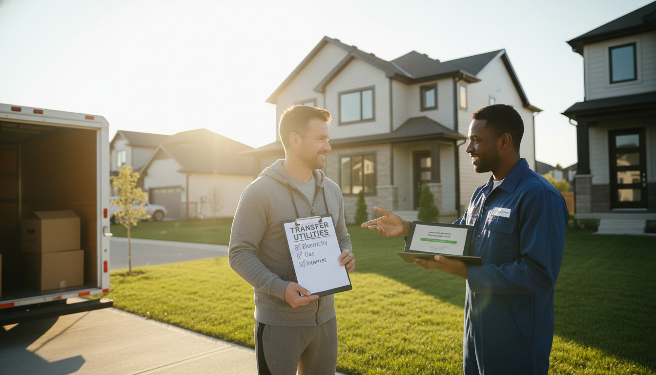 Homeowner with moving boxes and technician checking a utilities transfer checklist on a tablet in front of a suburban house.