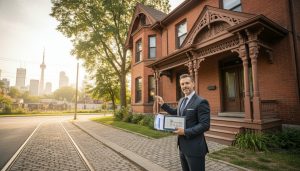 Heritage brick house with realtor holding insurance documents on a Toronto street