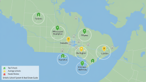 Map of Ontario with major cities highlighted and school quality icons indicating top, average, and review-needed school systems