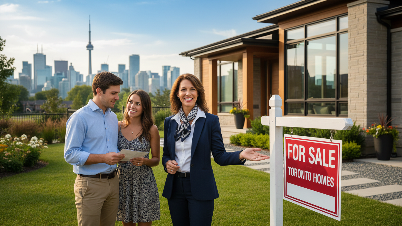 Real estate agent by 'For Sale' sign in front of a Toronto home with skyline in the background