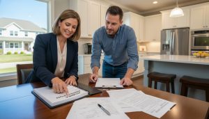 Realtor and buyer reviewing home inspection report and contractor estimates at a kitchen table