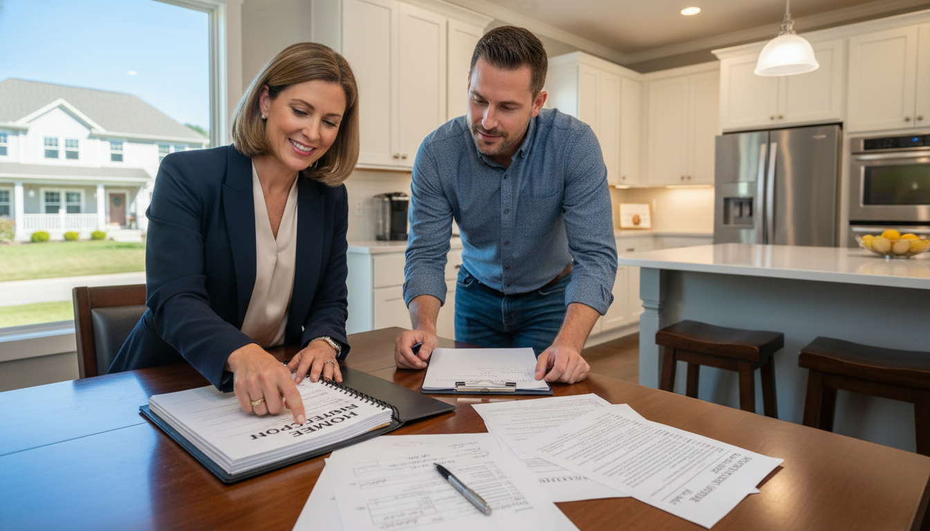 Realtor and buyer reviewing home inspection report and contractor estimates at a kitchen table