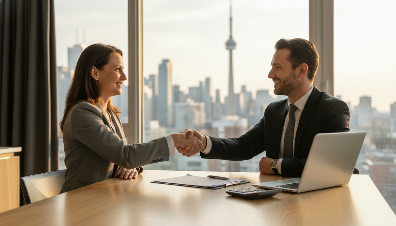 Homeowner and real estate agent shaking hands over contract with calculator and laptop; Toronto skyline in background.