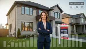 Real estate agent in front of home with 'For Sale' sign, market charts and analytics overlay showing timing strategy