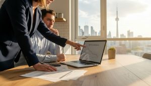 Realtor advising homeowner with mortgage documents and laptop showing amortization chart