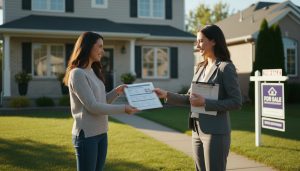 Realtor handing a home inspection report to homeowner in front of a staged house