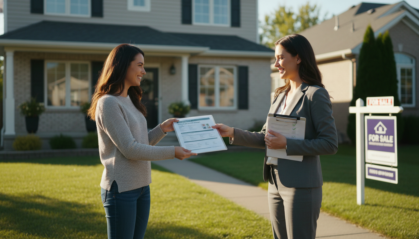 Realtor handing a home inspection report to homeowner in front of a staged house