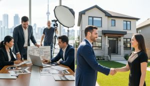 Split-screen: real estate team collaborating and solo agent meeting client in front of house
