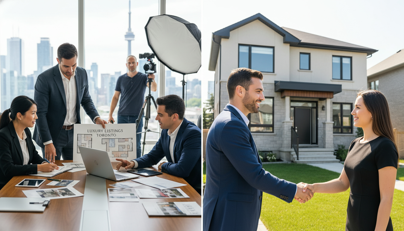 Split-screen: real estate team collaborating and solo agent meeting client in front of house