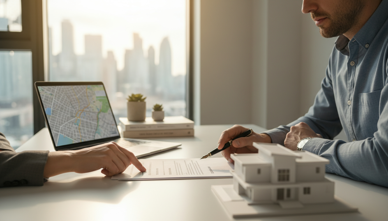 Real estate agent and buyer reviewing a conditional offer contract at a desk with house model and laptop