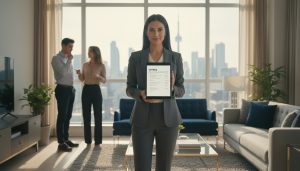 Real estate agent presenting multiple offers to buyers during negotiation in a modern home.