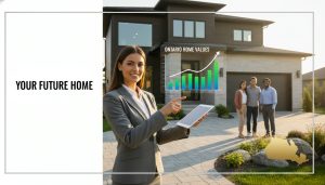 Real estate agent with tablet in front of a modern Ontario house showing market graph overlay