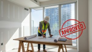 Condo interior mid-renovation with blueprints, contractor, and approval stamp