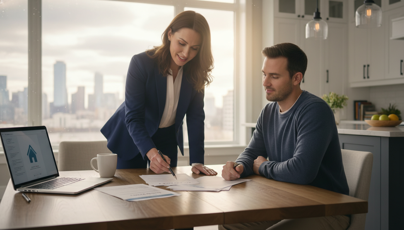 Realtor advising homeowner on a low offer with documents on table