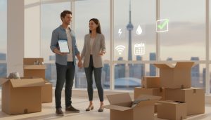 Realtor with couple in new home surrounded by moving boxes and utilities icons (electricity, water, wifi) with a tablet showing a checklist.